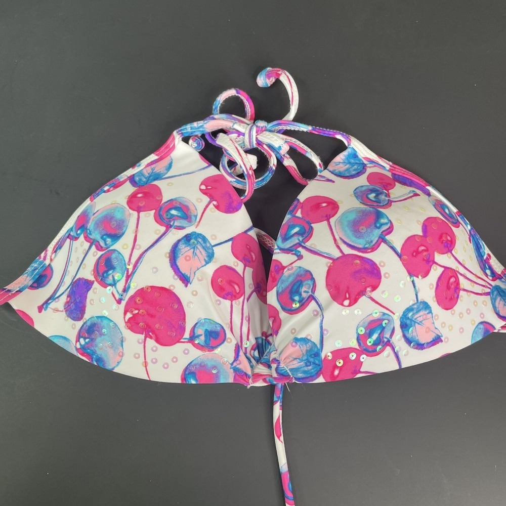 Candies Women's Swim Bikini Top Swimsuit Size L White With Pink‎ & Blue Cherries